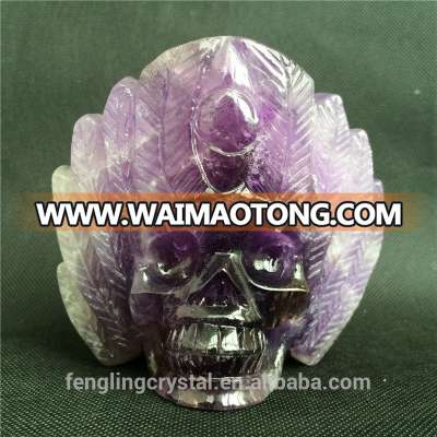 Natural Life Size Amethyst Crystal Skull Carving With Feather For Healing